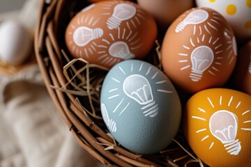Bright Easter eggs painted with light bulb icons, symbolize creative marketing ideas for festive branding and holiday campaigns.