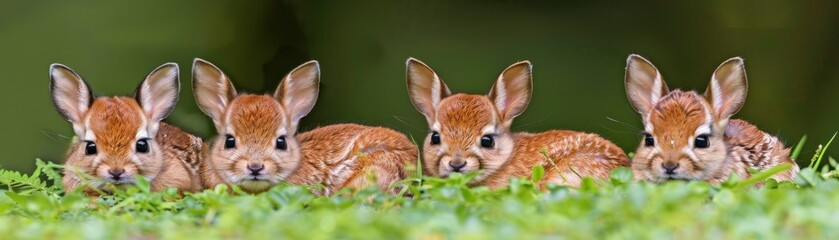 Fototapeta premium Four adorable fawns rest together on the grass, showcasing their soft fur and alert expressions in a serene natural setting.