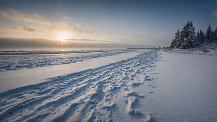 Huellas en la nieve en una playa durante el atardecer invernal