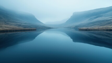 Fototapeta premium Serene Dawn at a Secluded Mountain Lake with Mist Shrouding the Landscape, Capturing a Dreamlike Atmosphere in Tranquil Beauty