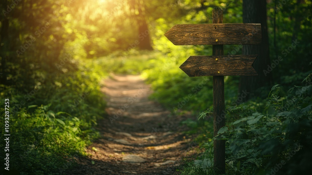 Poster serene forest path with wooden signpost indicating directions in a lush green environment under soft