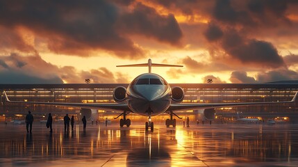 Sunset departure private jet airport terminal travel scene urban view