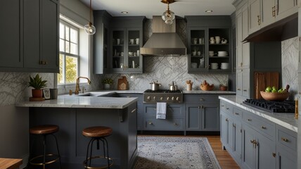 Modern farmhouse kitchen with gray cabinets, marble countertops, and brass hardware.