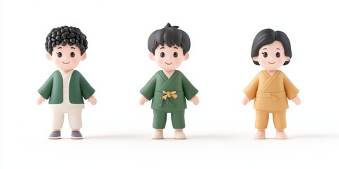 Three charming figurines dressed in traditional attire showcasing cultural diversity.