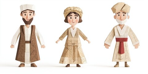 Obraz premium Three diverse paper-cut characters symbolize cultural heritage and tradition in art.