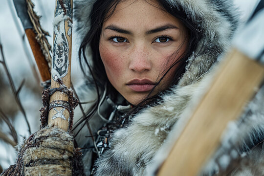 A young inuit woman in seal skin parka with intricate beadwork, traditional mukluks, holding traditional hunting tools.