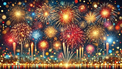 An image featuring a sparkling, golden surface in the foreground with a festive backdrop of fireworks lighting up the night sky