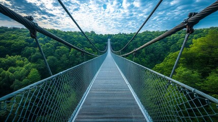 Long suspension bridge stretching over lush green forest, viewed from the center.
