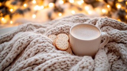 Cozy Winter Coffee Break With Biscuits On Knitted Blanket