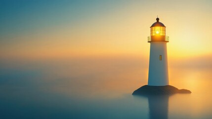 Lighthouse glowing warmly at sunrise on a tranquil sea, AI