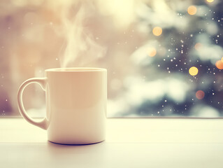 Fototapeta premium Isolated white mug with steam curling upward, sitting onclean white table againstsnowy window, printspace ,Retro Polaroid vibe, faded colors, vintage soft lighting