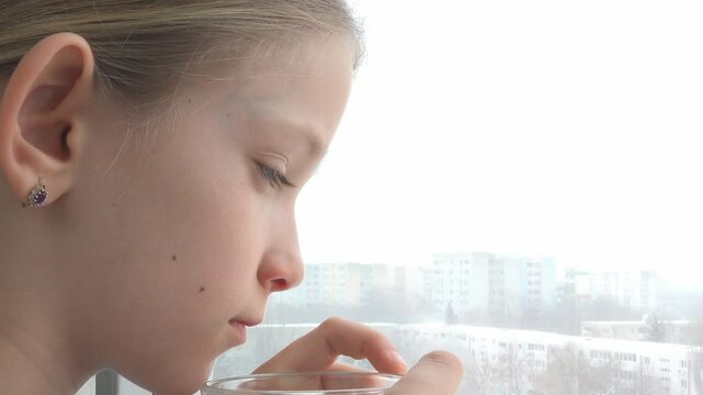 Sick Child Looking Out Window, Ill Sad Kid, Girl Face Drinking Tea Blizzard Winter