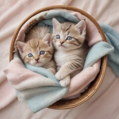 Obraz na płótnie Canvas Adorable Kittens Snuggled in a Woven Basket: A Pastel Dream of Two Fluffy Companions