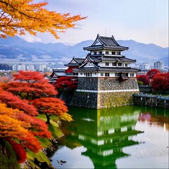 Obraz premium A stunning Japanese castle surrounded by vibrant autumn foliage in shades of red, orange, and yellow