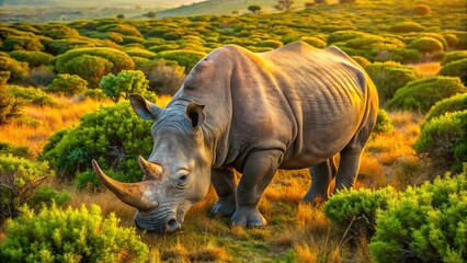 Fototapeta premium Rhinoceros Grazing Aerial View, Wildlife Photography, Safari, Nature