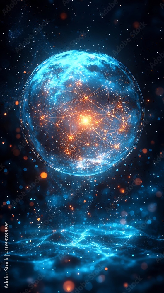 Poster holographic globe with quantum data streams connecting continents symbolizing global quantum communi