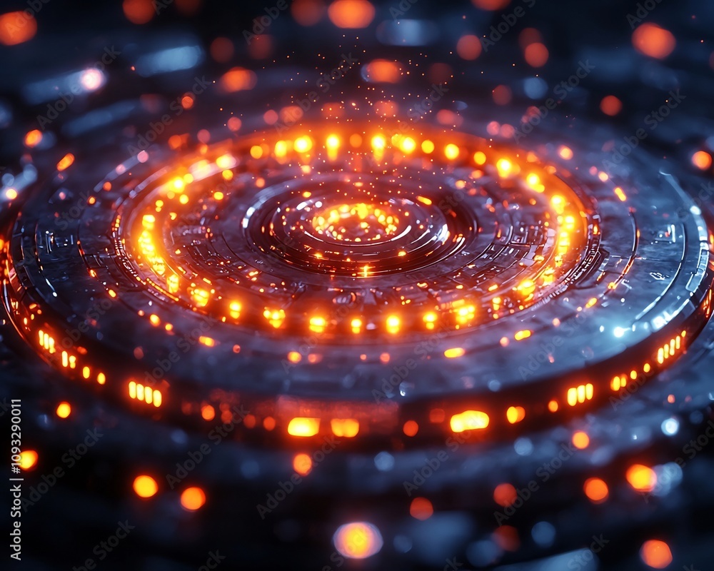 Poster glowing quantum internet core processing center with entangled nodes and futuristic data hub