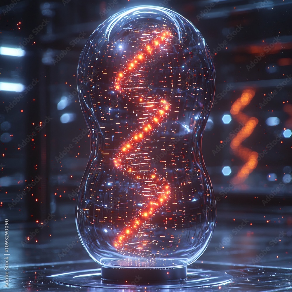 Poster futuristic dna storage device with glowing strands of digital data in clear lab setting