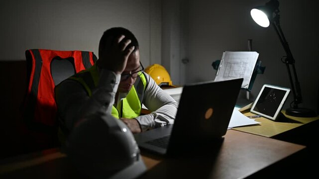 A structural engineer is sitting at his desk trying to complete a building structure design at night, stressed and exhausted.