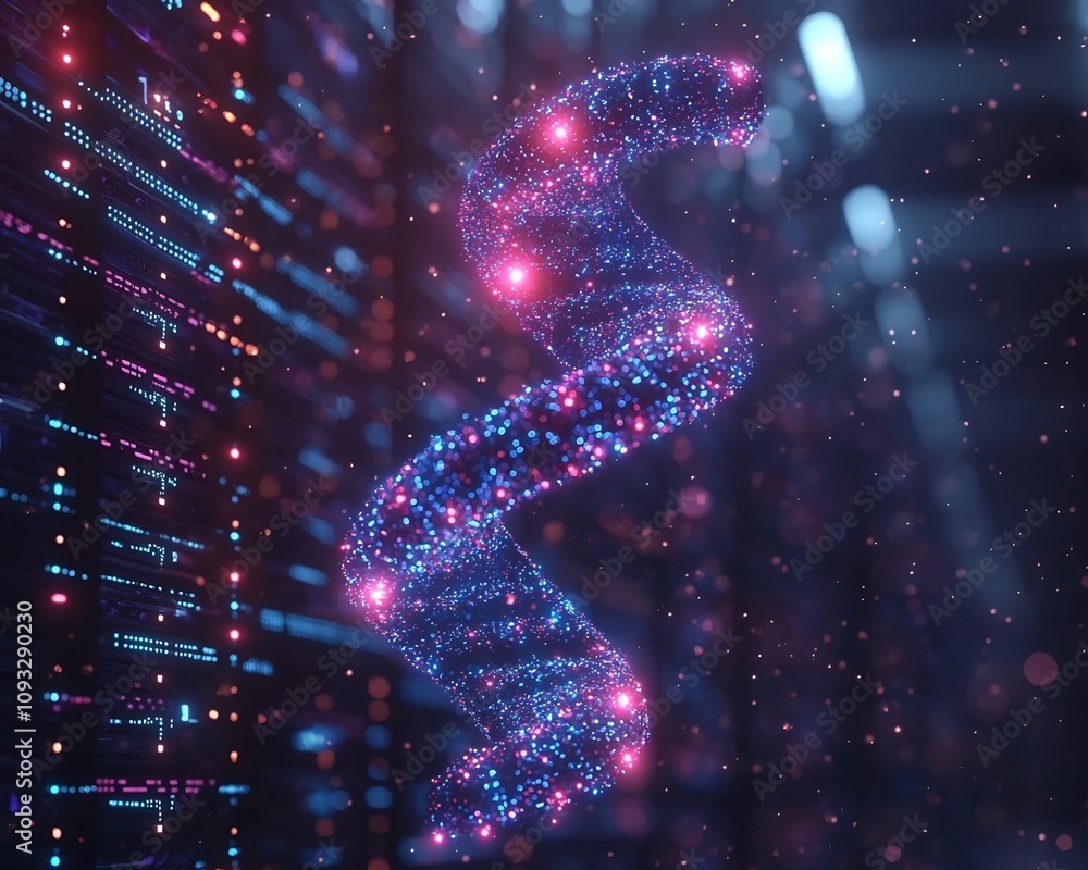 Poster glowing digital dna molecule hovering above server room with data streams