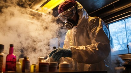 Scientist in Protective Gear Conducting Research in Laboratory with Beakers and Chemical Solutions Surrounded by Vapor and Dramatic Lighting