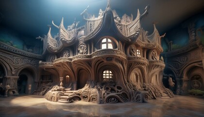 "Mystery in the Walls: Strange House with Intricate Embossed Sculptures