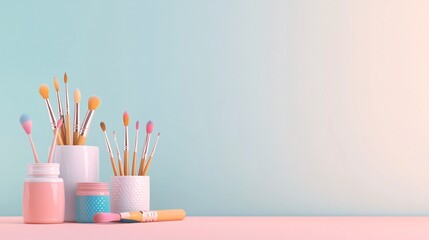 Serene Collection of Artist Tools on Pastel Background with Copy Space for Banner | Minimalistic 3D Rendering