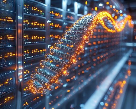 Futuristic DNA Molecule Hovering Above Server Room with Glowing Data Streams