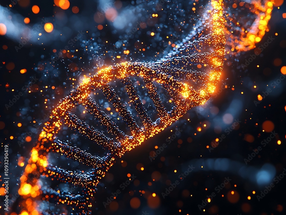 Poster swirling binary code around 3d dna model representing future of biological data storage
