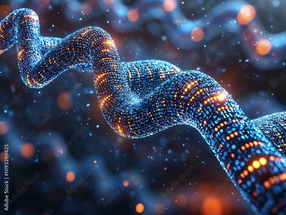 Poster futuristic binary code swirling around 3d dna model representing biological data storage innovation