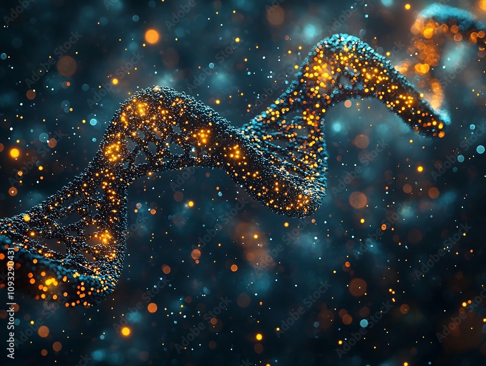 Poster binary code swirling around 3d dna model representing future of biological data storage