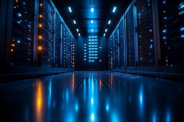 Server room data center perspective view with blue light