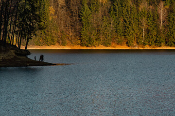 Late autumn sunset light at the lake in Firiza, Romania