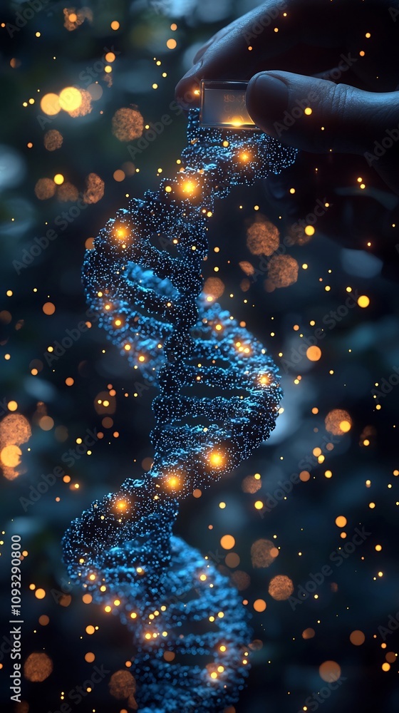 Poster scientist inserting digital file into glowing dna molecule for secure biological data storage