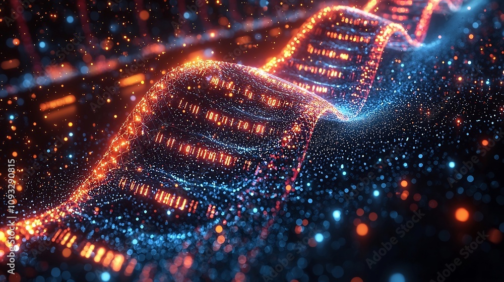Poster futuristic server room with holographic dna strands storing massive amounts of data on clean backdro
