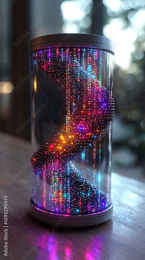 Poster dna helix entwined with digital hard drive symbolizing next gen data storage