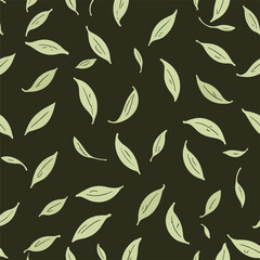 Vector Illustration Seamless Green Leaf Pattern on Dark Background.