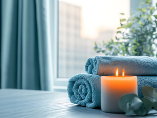 Luxurious spa setup with candles,plush towel, and eucalyptus, set againstwintery window view, printspace ,Moody shadows, dramatic lighting, cinematic feel