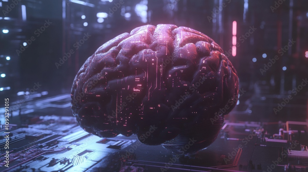 Poster human brain with embedded ai circuits, futuristic design symbolizing man and machine fusion