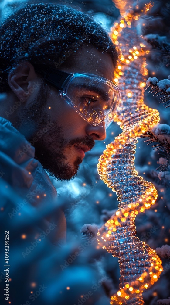 Poster bioengineer controlling dna data storage with holographic tools on clean backdrop