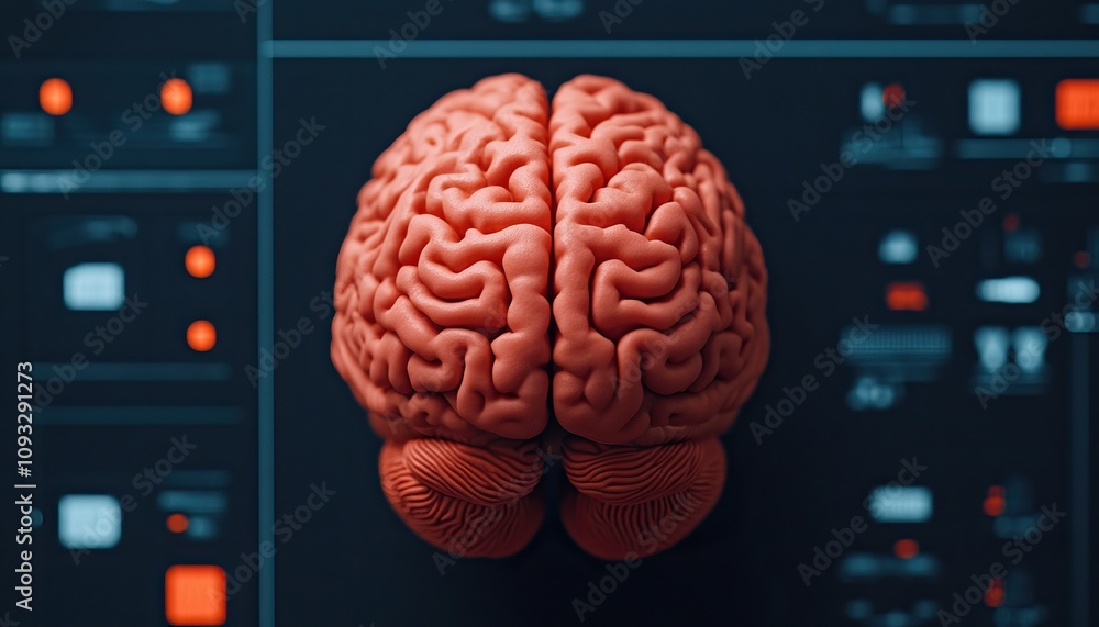 Poster a top-down view of a human brain model on a dark background with digital interface elements, highlig