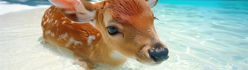 A serene image of a fawn wading in shallow water, showcasing its soft fur and gentle expression against a tranquil blue backdrop.
