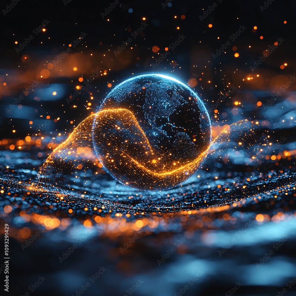 Poster quantum computer emitting entangled data streams connecting across the globe surreal floating partic