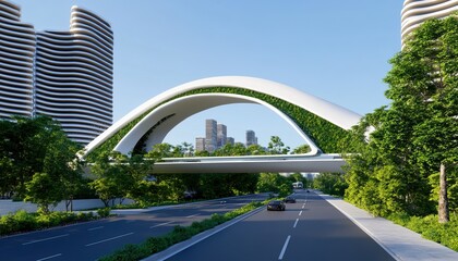 Fototapeta premium A modern architectural design featuring a green, curved bridge over a road, surrounded by urban buildings and lush greenery.