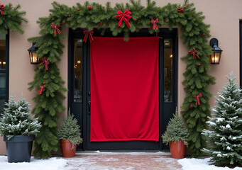 hang large red banner evergreen branches entrance welcome people home holidays every year
