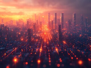 Obraz premium Futuristic Skyline with Quantum Internet Signals Flowing Through the Air Glowing Data Waves in Minimalist Background