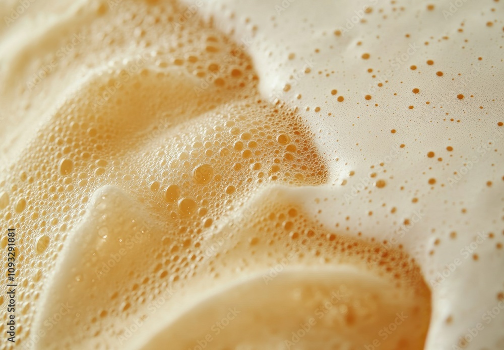 Poster close-up view of creamy foam with tiny bubbles on a refreshing beverage surface, highlighting the te