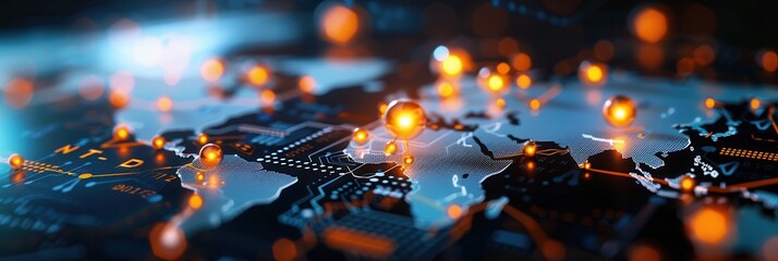 A high-tech digital map displaying glowing orange nodes and interconnected circuits, symbolizing global data and communication networks.