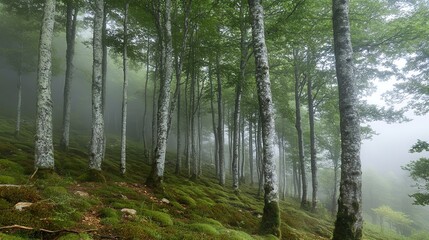 Obraz premium Misty birch forest with lush green moss