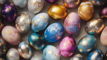 Vibrant and Colorful Easter Eggs Laying on a Light Surface with Unique Patterns and Metallic Accents, Perfect for Spring Celebrations and Festive Decorations
